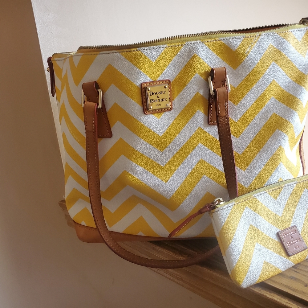 Dooney & Bourke Yellow and White Chevron Tote with Brown Trim